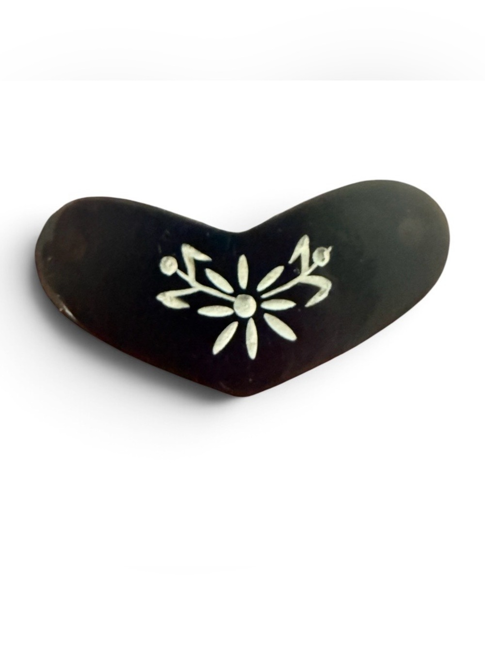 1960’s Vintage Black French Heart Barrette with a Carved Center, Deadstock, 1.5”